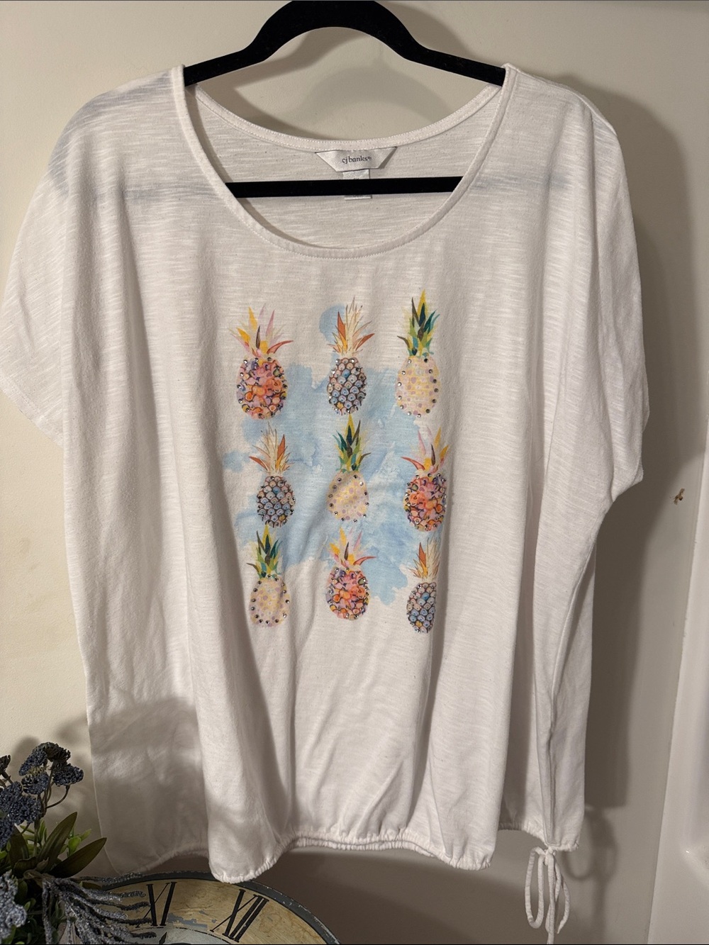 CJ Banks White Short Sleeve Tee with Colorful Pineapple Print